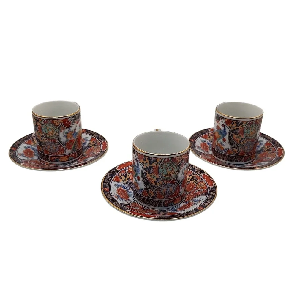 Vintage‎ Japanese Imari Arita Demitasse Cups Saucers Peacock Handmade Six Pieces